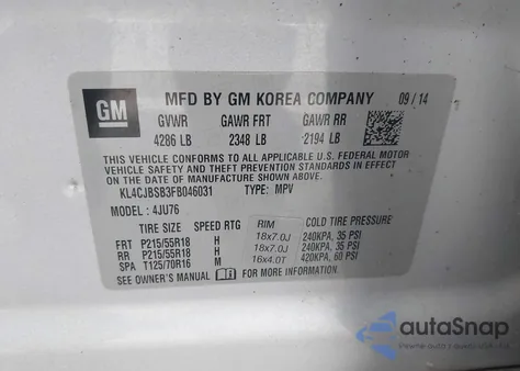 2015 Buick Encore Convenience z USA, uszkodzony, nr VIN KL4CJBSB3FB046031